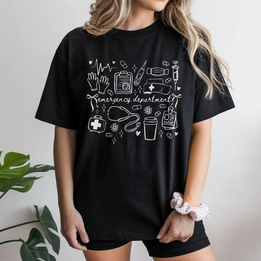 Emergency Department Nurse T-Shirt | Cute ER Medical Doodle Print | Premium Cotton Crewneck | Gift for Nursing Student or RN Grad