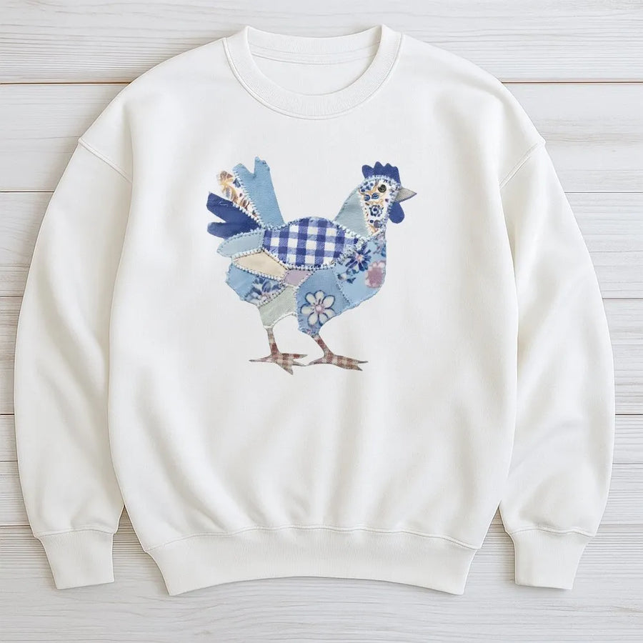 Patchwork Chicken Sweatshirt | Vintage Farmhouse Graphic Print | Premium Cotton Blend | Cute Easter Gift for Chicken Lover