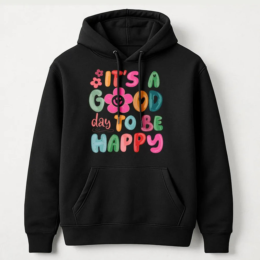 Good Day to Be Happy Hoodie | Retro Smiley Flower Graphic | Premium Cotton Tee | Inspirational Mental Wellness Gift for Her