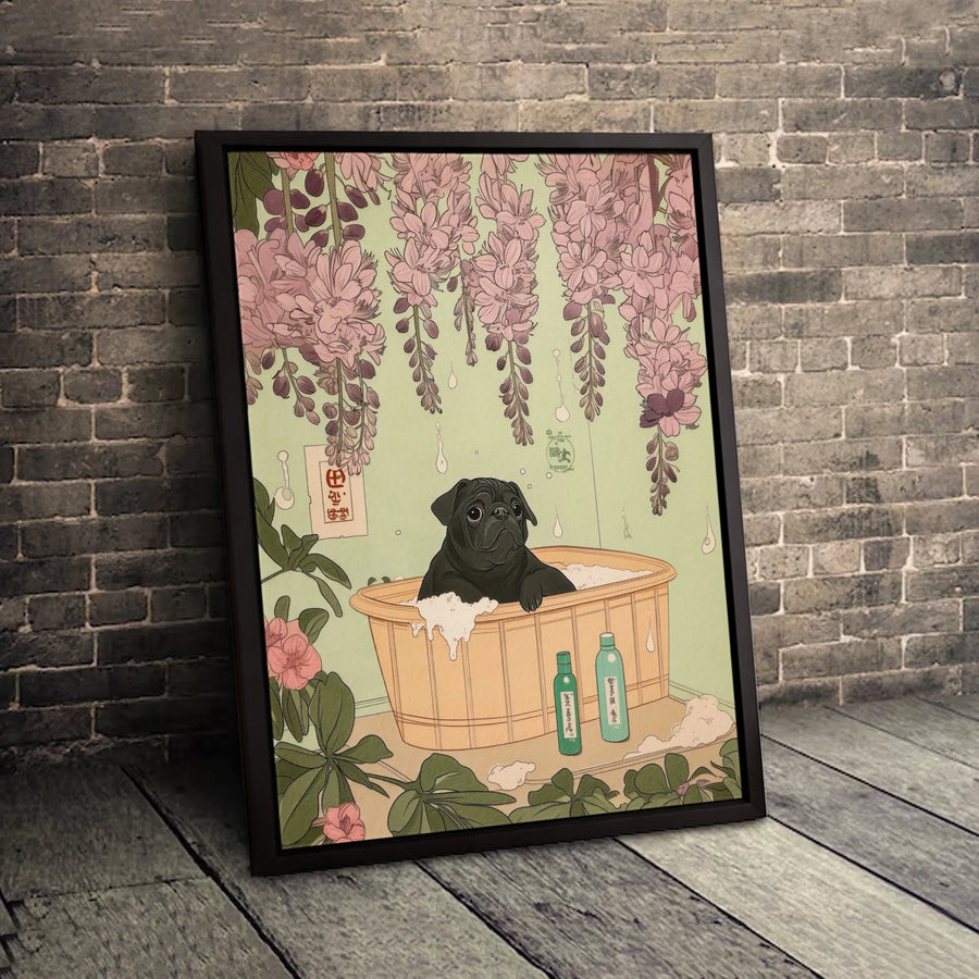 Black Pug Wall Art | Japanese Ukiyo-e Wisteria Bath Print | Premium Gallery Wrapped Canvas | Whimsical Dog Lover Home Decor Gift