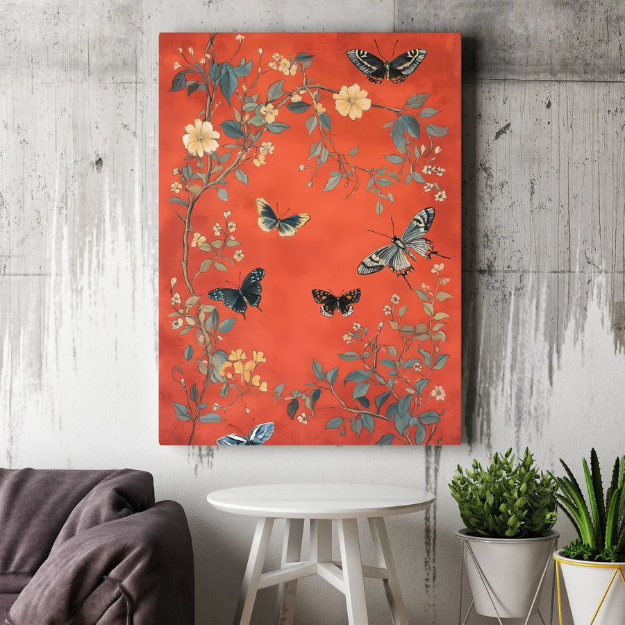Vintage Butterfly Canvas Wall Art | Chinoiserie Floral & Botanical Print | Premium Thick Gallery Canvas | Elegant Home Decor Gift