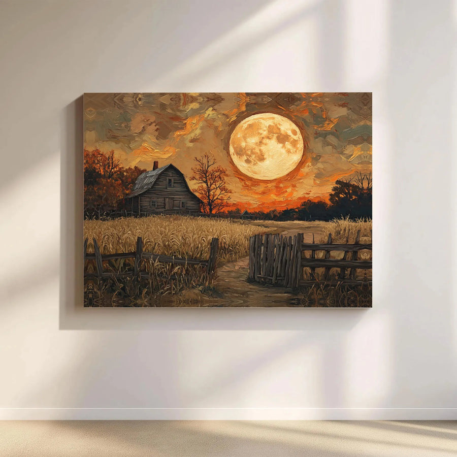 Harvest Moon Farmhouse Wall Art | Rustic Barn Impressionist Oil Painting Style | Premium 1.25" Gallery Wrapped Canvas | Country Living Home Decor Gift
