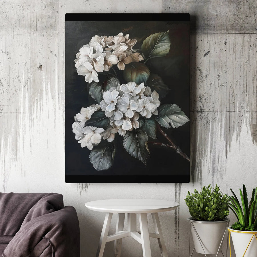 White Hydrangea Canvas Wall Art | Moody Floral Botanical Print | Premium Gallery-Wrapped 1.25" Profile | Elegant Living Room Decor Gift