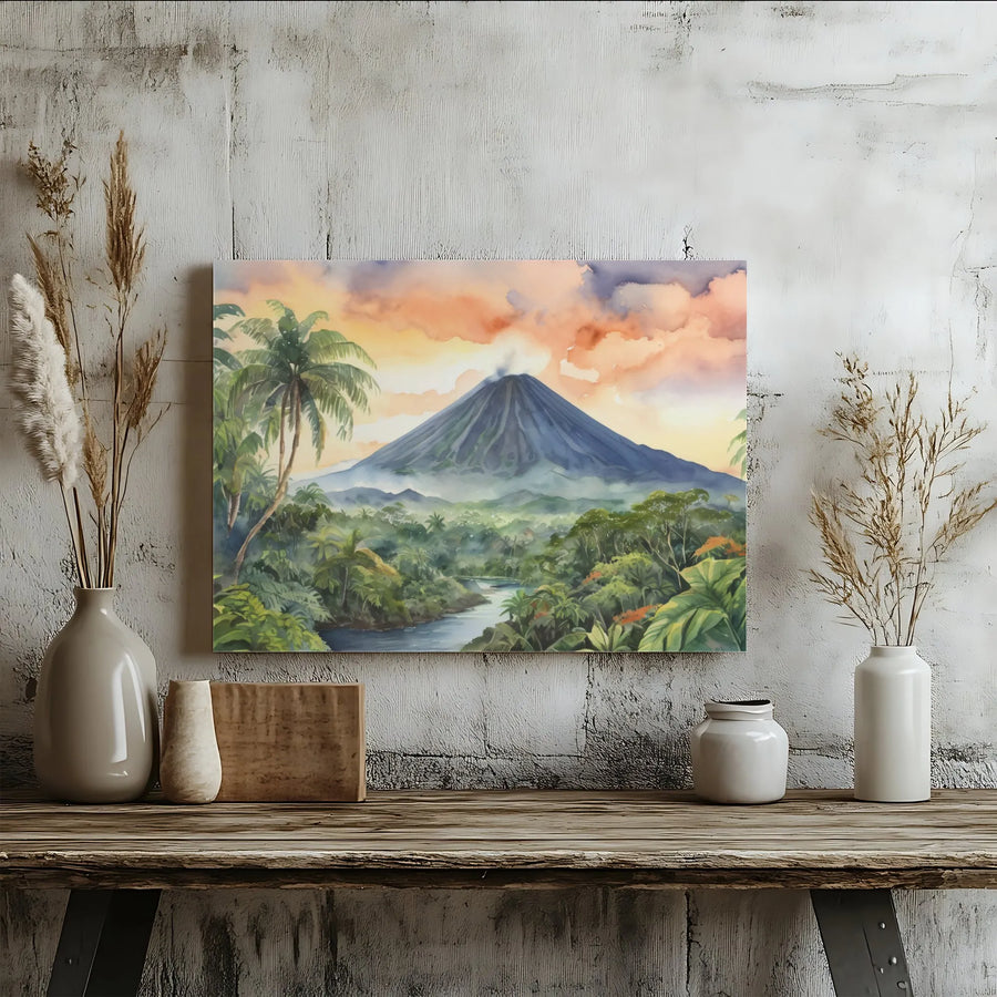 Volcano Landscape Canvas Print | Watercolor Tropical Jungle Scene | Premium Gallery Quality Art | Living Room Decor Gift for Nature Lovers