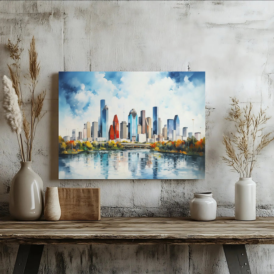 Houston Texas Skyline Canvas Wall Art | Watercolor Cityscape Painting | Premium 1.25" Thick Canvas | Modern Home Decor Gift for Texan