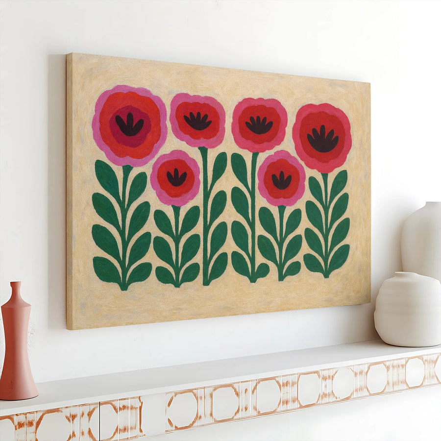 Red and Pink Poppy Flower Canvas Art | Scandinavian Folk Art Print | 1.25-Inch Gallery Wrap Canvas | Modern Botanical Wall Decor for Home