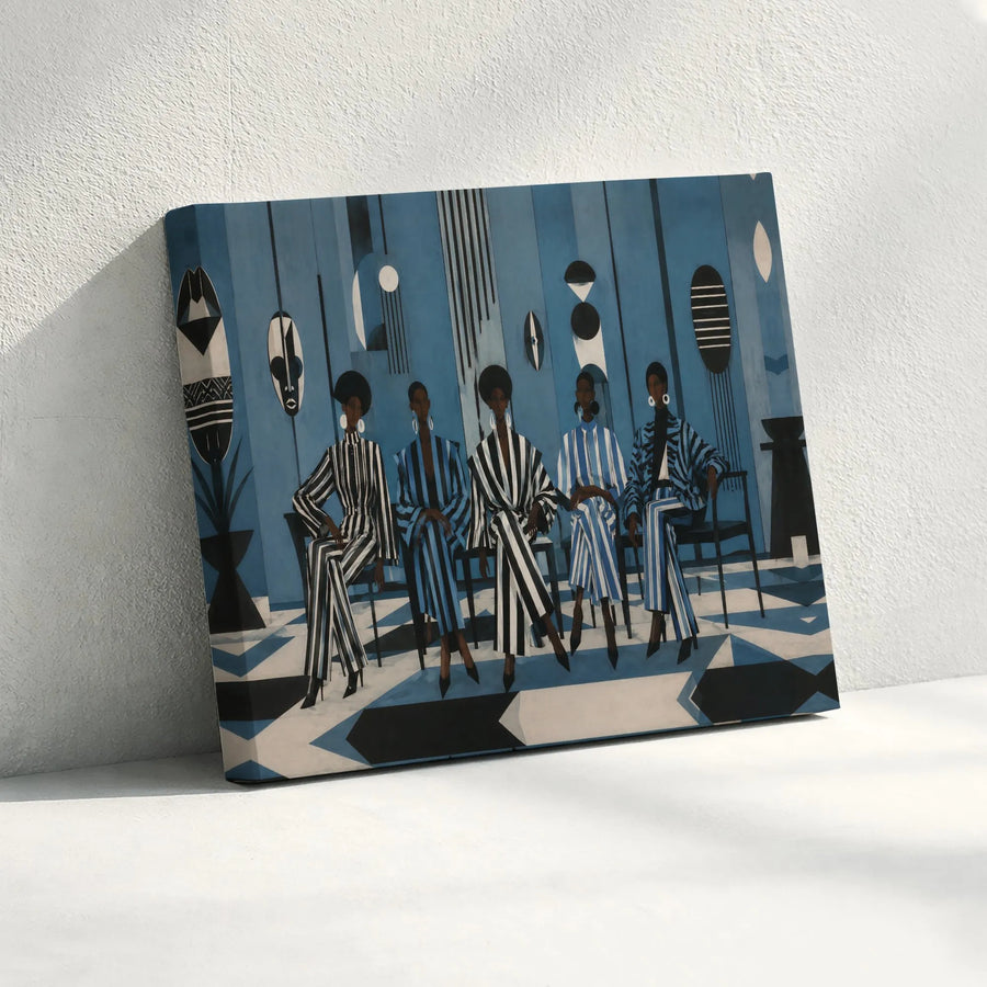 Black Fashion Women Horizontal Canvas | Modern African Blue & Black Stripes Wall Art | Premium 1.25" Gallery Wrap | Elegant Living Room Decor Gift