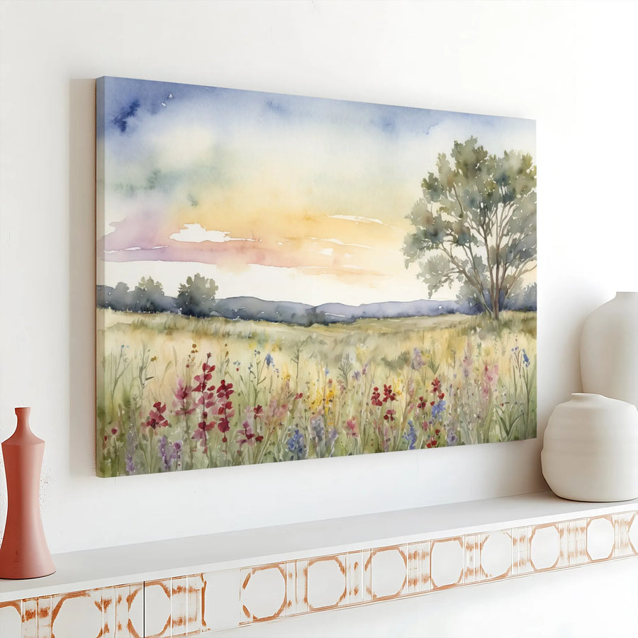 Watercolor Wildflower Meadow Canvas | Pastoral Sunset Painting Print | Premium Thick Gallery Wrap | Modern Farmhouse Decor Gift