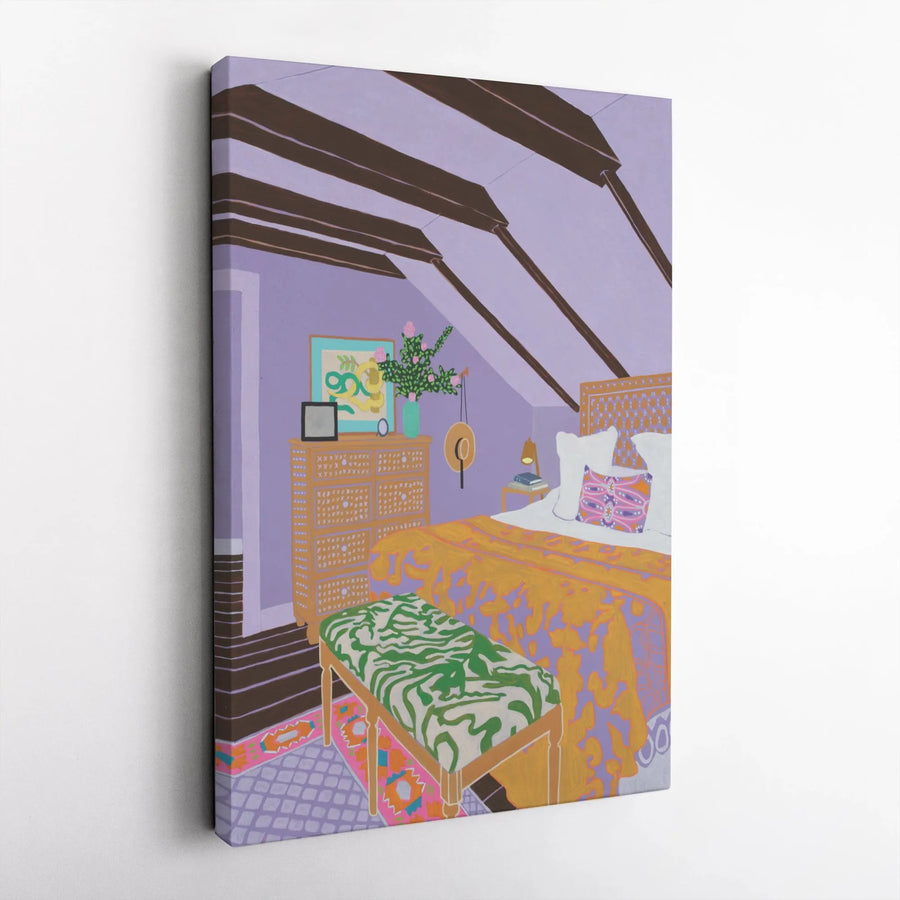Bohemian Bedroom Canvas Wall Art | Colorful Attic Illustration Print | Premium Thick Gallery Canvas | Eclectic Home Decor Gift
