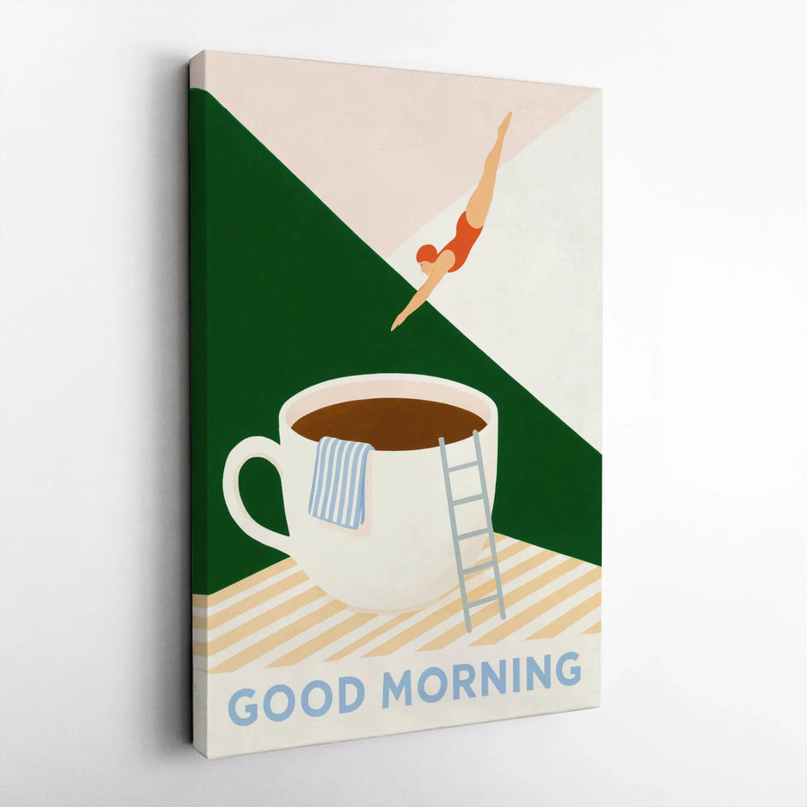 Good Morning Coffee Swimmer Canvas | Minimalist Diving Woman Illustration | Premium Gallery Wrapped Wall Art | Kitchen Decor Gift Idea