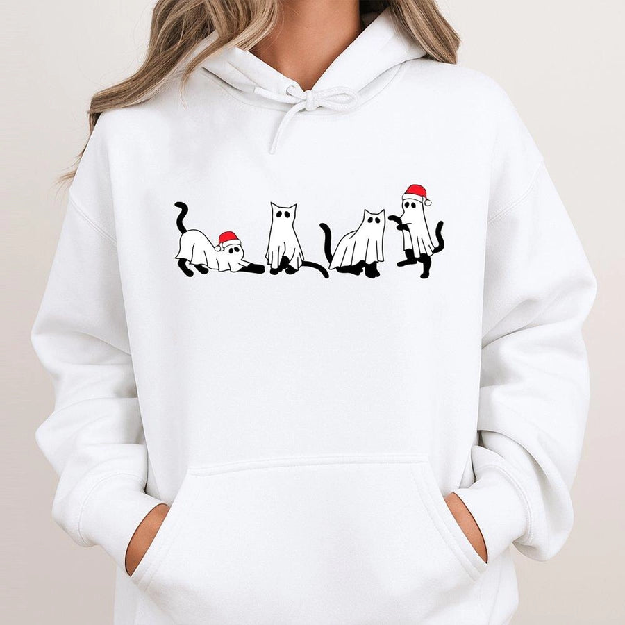 Christmas Ghost Cat Hoodie | Funny Spooky Santa Hat Kitten Graphic | Cotton-Poly Blend Sweatshirt | Holiday Gift For Cat Lovers