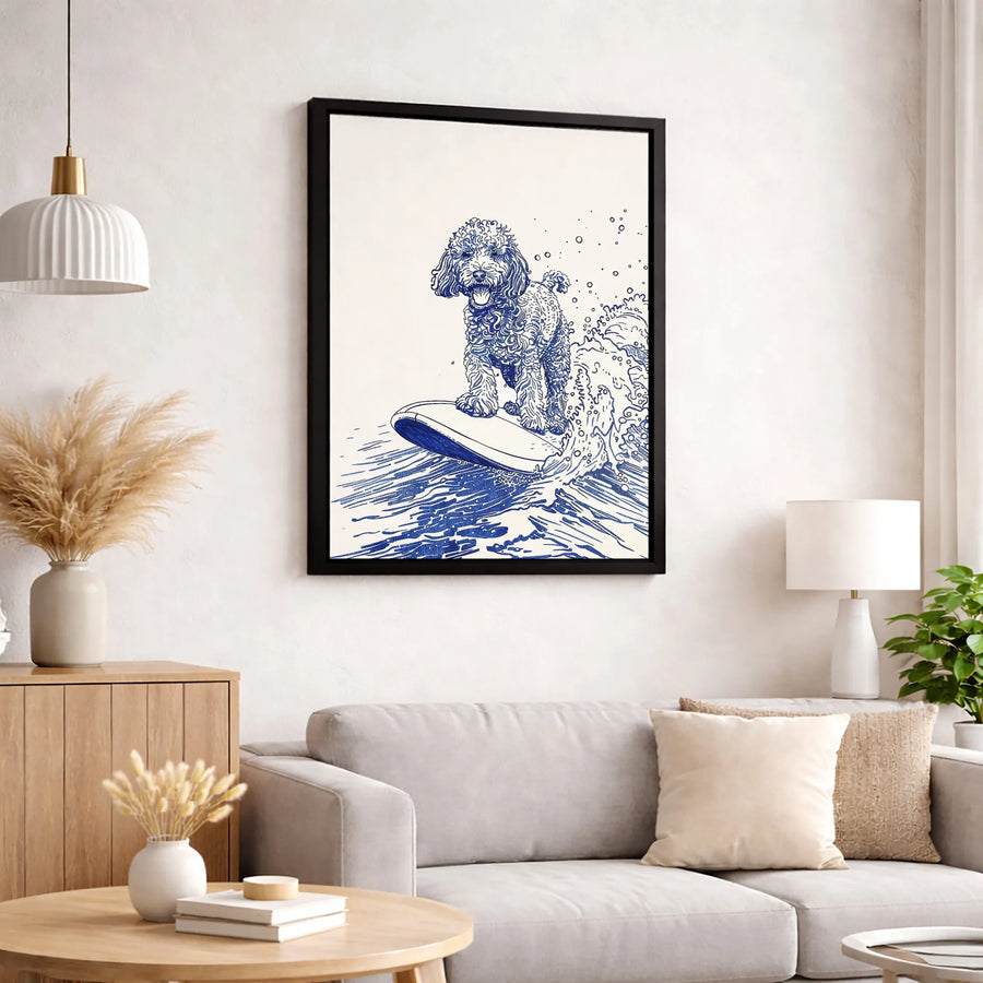 Surfing Poodle Dog Wall Art | Blue Ink Sketch Illustration | Premium 1.25-Inch Gallery Canvas | Coastal Beach Home Decor Gift for Dog Lovers