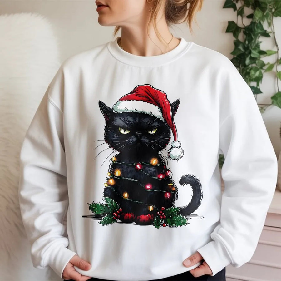 Grumpy Black Cat Christmas Sweatshirt | Funny Tangled Lights Design | Premium Cotton Blend | Holiday Gift for Cat Lovers