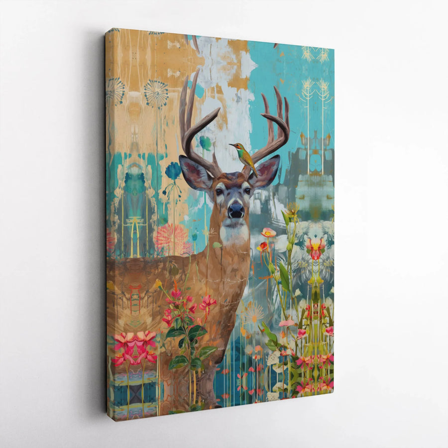 Abstract Deer Canvas Art | Majestic Stag Floral Wall Decor | Premium Gallery Wrap Print | Nature Inspired Wildlife Gift for Home Office