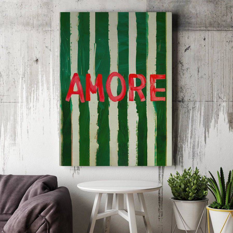 Amore Canvas Wall Art | Red Typography on Green Stripes | Premium Gallery Wrapped Decor | Italian Romantic Home Gift for Couples