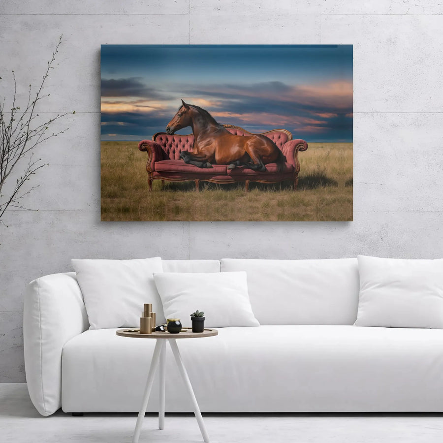 Surreal Horse On Vintage Sofa Canvas Wall Art | Whimsical Equine Nature Print | Premium Gallery Wrap Canvas | Unique Home Decor Gift