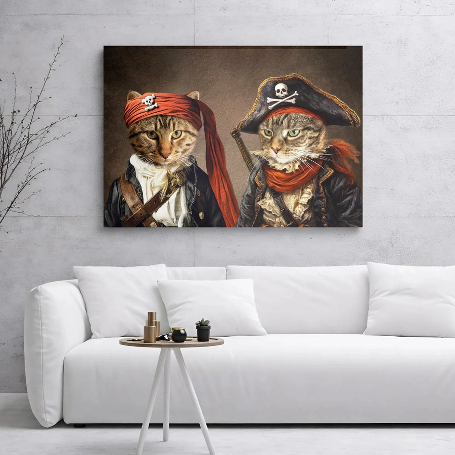 Pirate Cat Canvas Wall Art | Whimsical Two Tabby Pirates Portrait | Premium Gallery Wrapped Decor | Unique Animal Lover Gift for Home Office