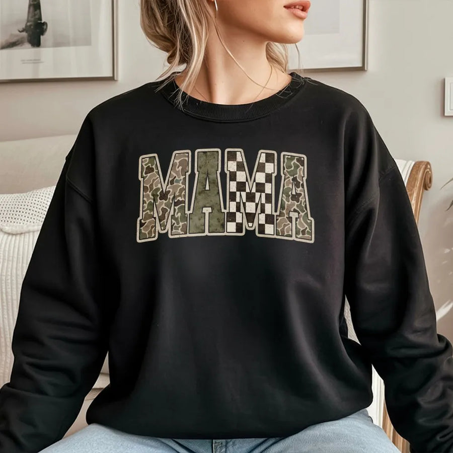 Mama Graphic Sweatshirt | Camo & Checkered Block Letter Design | Premium Soft Cotton Shirt | Trendy Gift for New Mom, Boy Mom