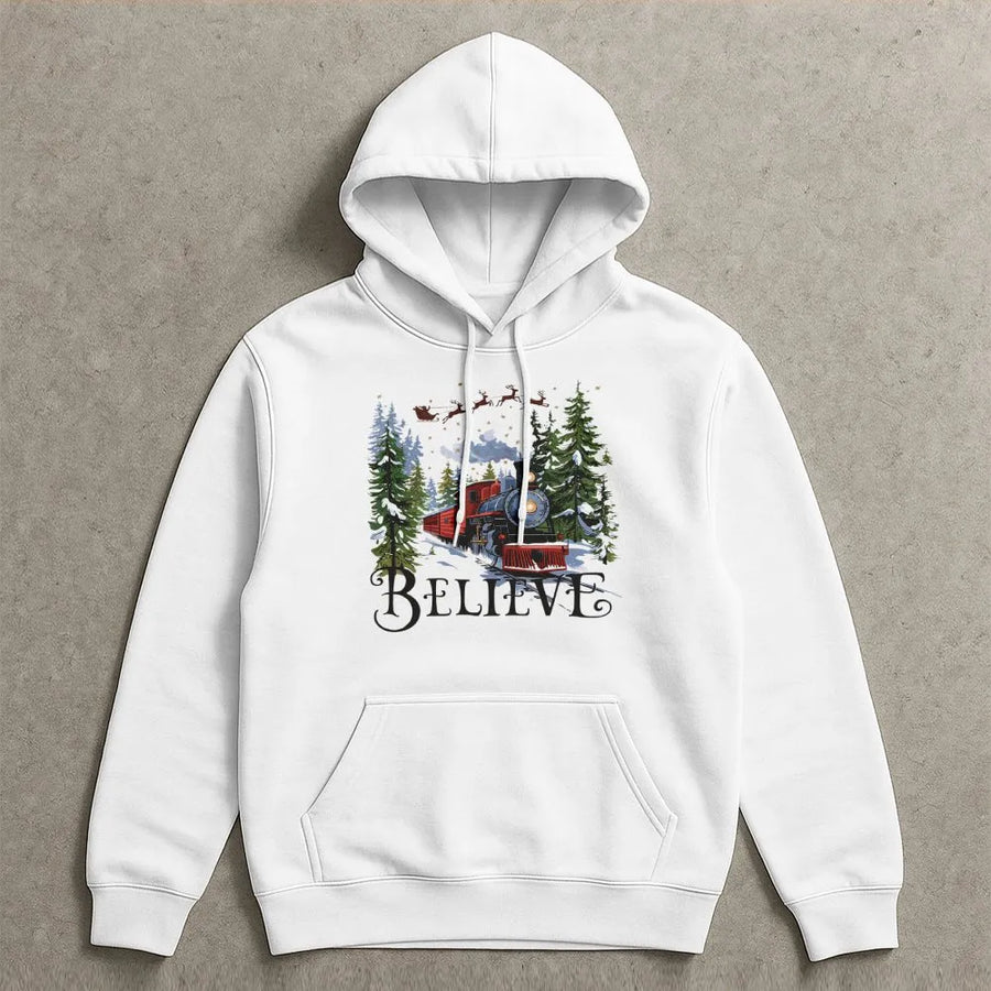 Believe Train Christmas Hoodie | Vintage Holiday Express Graphic | Premium Cotton Blend | Unisex Festive Gift for Train Lovers