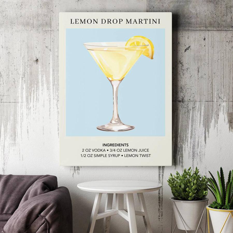 Lemon Drop Martini Canvas Print | Minimalist Cocktail Recipe Wall Art | Premium Gallery Wrap Decor | Bar Cart Aesthetic Gift for Mixology Lovers