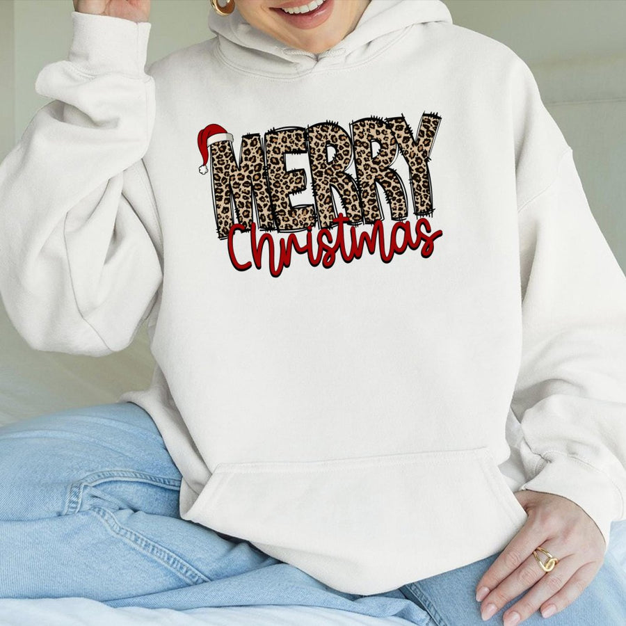 Merry Christmas Hoodie | Leopard Print Santa Hat Holiday Graphic | Premium Cotton Blend | Unisex Festive Gift for Family