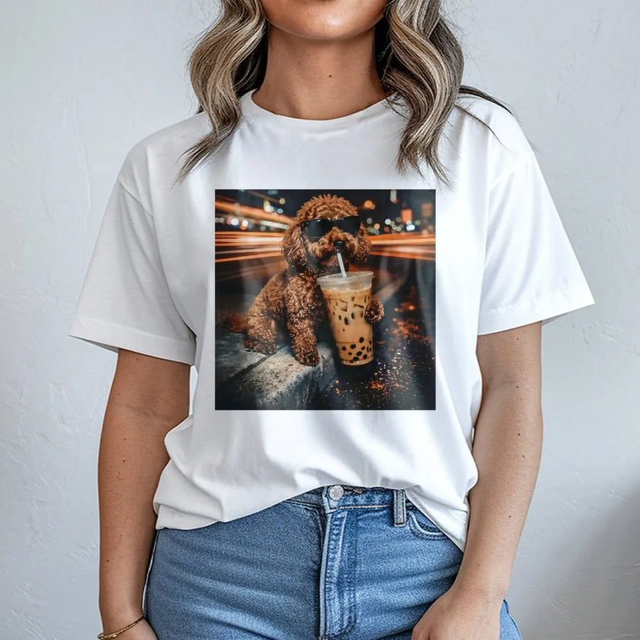 Funny Dog T-Shirt | Poodle with Sunglasses Drinking Boba Tea Graphic | Premium Cotton Blend | Gift for Dog Lovers and Coffee Fans