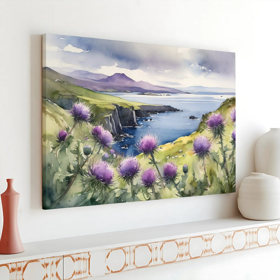 Scottish Thistle Canvas Wall Art | Watercolor Coastal Landscape Print | Premium Fade-Resistant Canvas | Scotland Lover Living Room Decor Gift