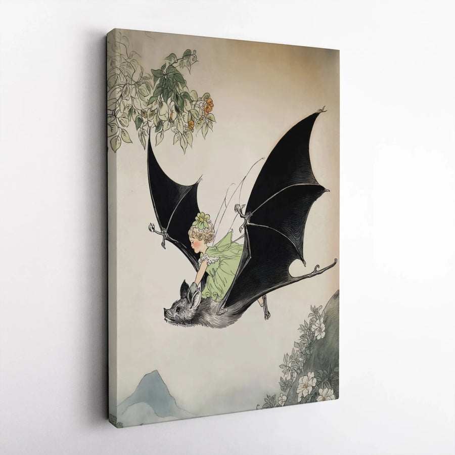 Fairy Riding A Bat Canvas | Whimsical Vintage Illustration | Premium Gallery Wrap Wall Art | Magical Forest Home Decor Gift
