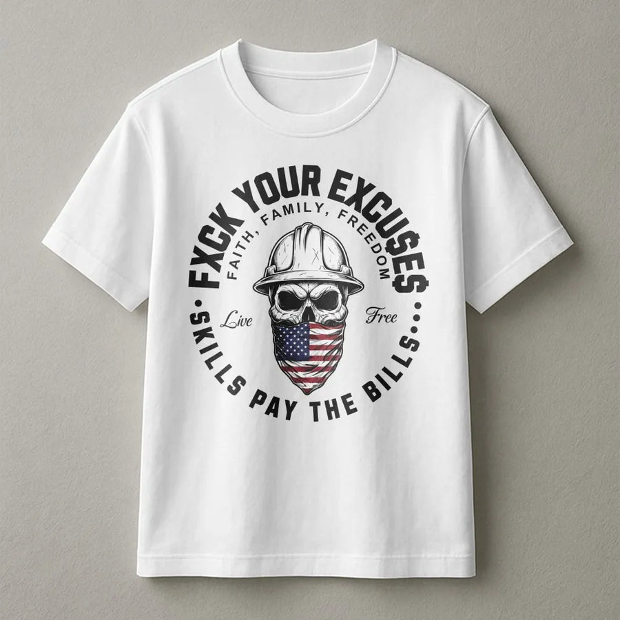 Skills Pay The Bills T-Shirt | Blue Collar Hard Hat Skull Graphic | Premium Cotton Tee | Patriotic Gift for Tradesman