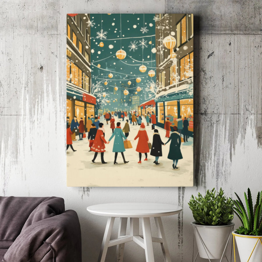 Christmas Shopping Canvas Print | Winter City Street Scene Wall Art | Gallery Wrapped Premium Decor | Festive Holiday Home Gift