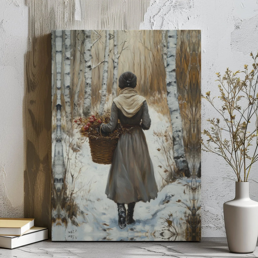 Winter Birch Forest Canvas Print | Woman With Flower Basket Painting | Premium Gallery Wrapped Wall Art | Rustic Seasonal Home Decor Gift