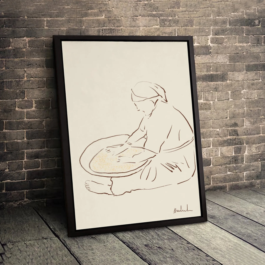 Woman Sifting Grain Minimalist Line Art Canvas | Abstract Cultural Wall Decor | Premium 1.25" Thick Gallery Print | Elegant Home & Office Gift