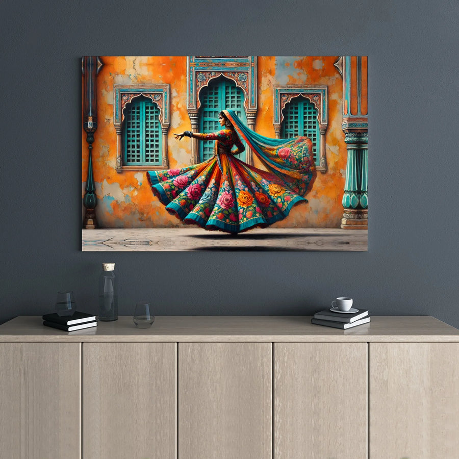 Indian Kathak Dancer Canvas Wall Art | Vibrant Traditional Floral Lehenga Print | 1.25 Inch Gallery Wrap | Cultural Home Decor Gift