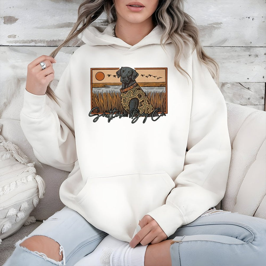 Black Labrador Hoodie | Marsh Hunting Dog Graphic | Premium Cotton Blend | Unisex Country Life Apparel Gift for Duck Hunter