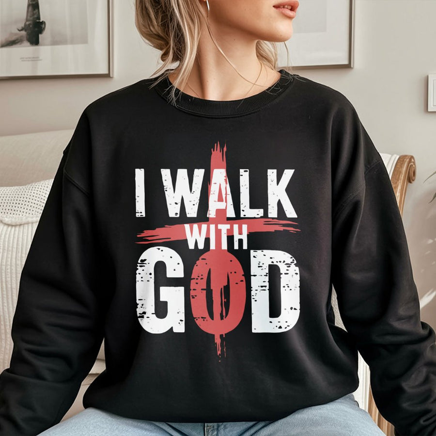 I Walk With God Sweatshirt | Christian Cross Faith Graphic | Premium Cotton Blend Fleece | Religious Gift for Men and Women