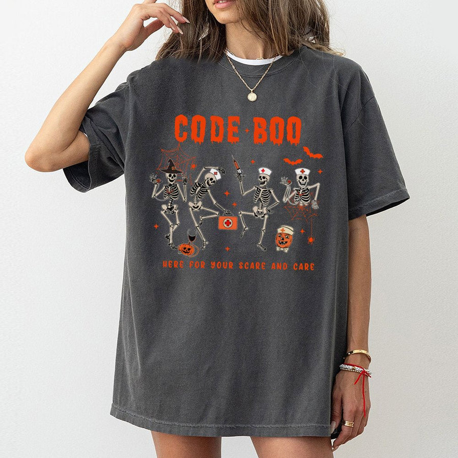 Code Boo Halloween Nurse T-Shirt | Funny Skeleton Medical Graphic Tee | 100% Cotton Premium Quality | Spooky Season Gift For Nurses & Students