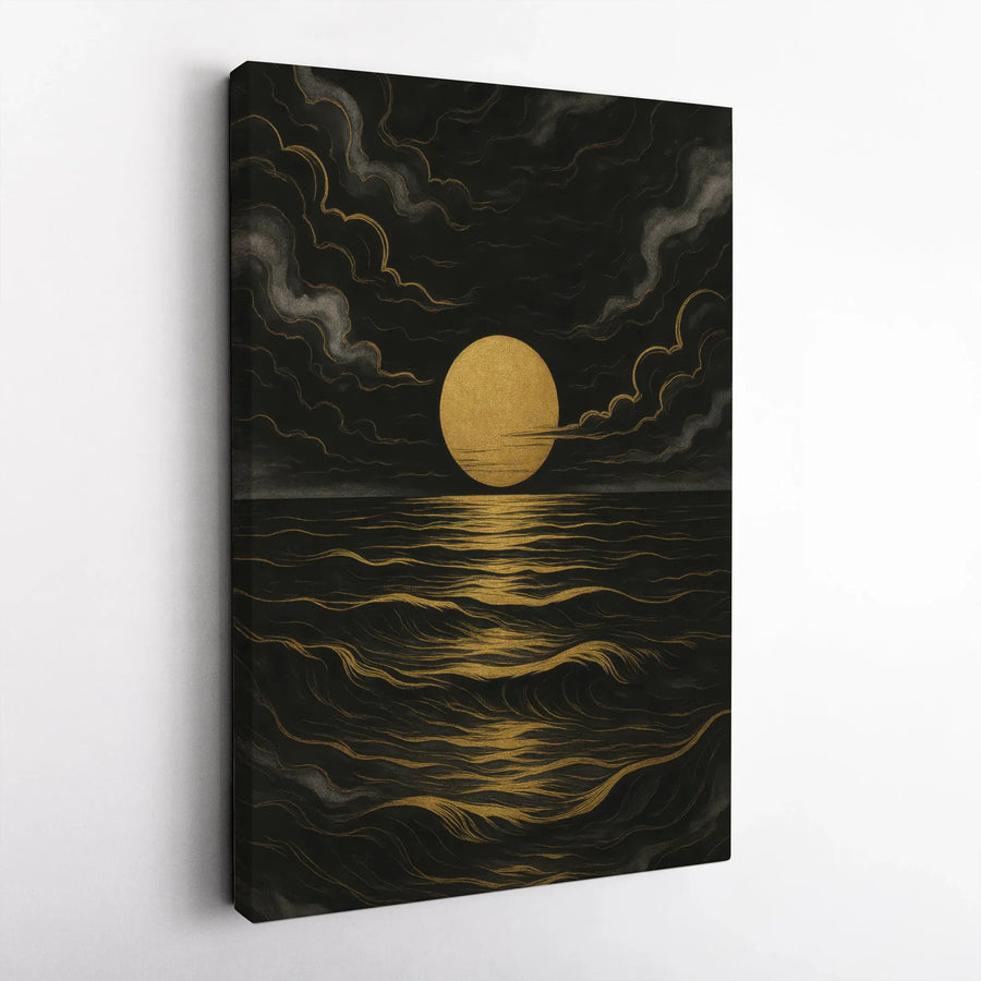 Gold Sun Canvas Wall Art | Dark Abstract Ocean Waves Decor | Premium Gallery Wrap Print | Modern Minimalist Living Room Decor