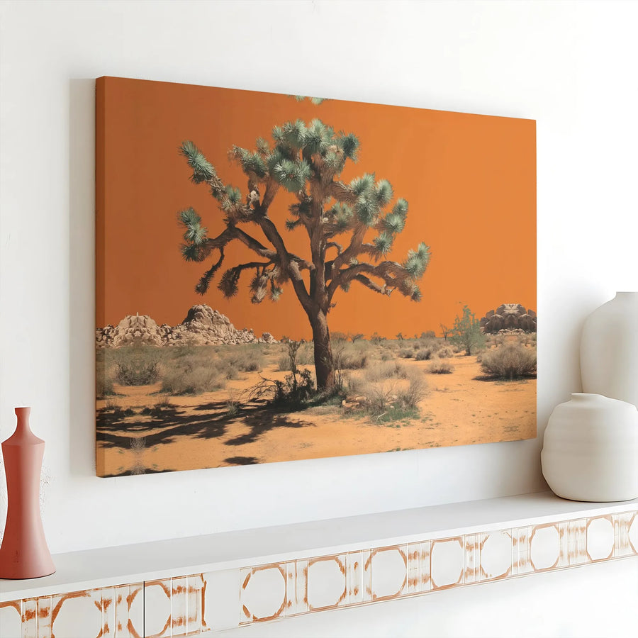 Joshua Tree Desert Wall Art | Vibrant Orange Sky Landscape | Gallery Wrap Canvas Print | Modern Southwest Home Decor Gift