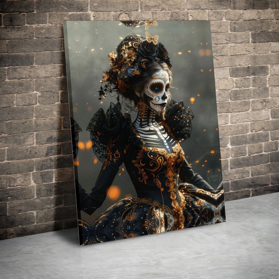 Day of the Dead Sugar Skull Canvas | Elegant Catrina Portrait in Gold and Black | Premium Gallery-Wrapped Wall Art | Gothic Halloween Decor Gift