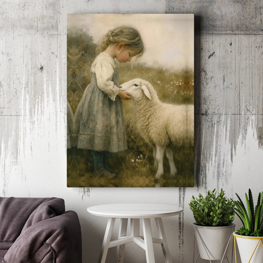Girl With Lamb Oil Painting Print | Vintage Farmhouse Wall Art | Premium Gallery Wrapped Canvas | Farmhouse Nursery Decor Gift