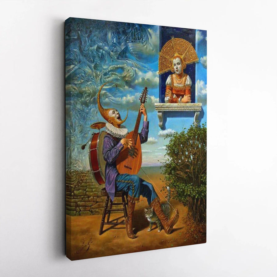 Surrealist Jester Canvas Print | Fantasy Musician and Maiden Wall Art | Premium Gallery Wrapped Canvas | Collector's Gift for Eclectic Home Decor