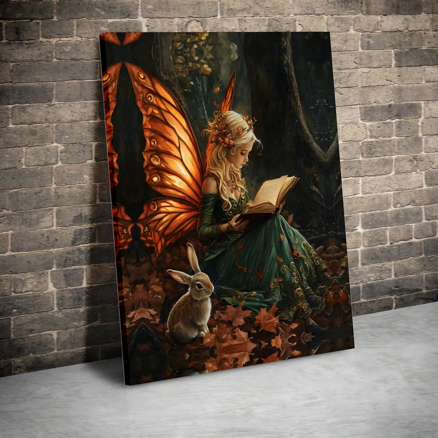 Fairy Wall Art Canvas | Autumn Forest Butterfly Wings Reading Rabbit | 1.25-Inch Gallery Wrap Print | Whimsical Nature Home Decor Gift