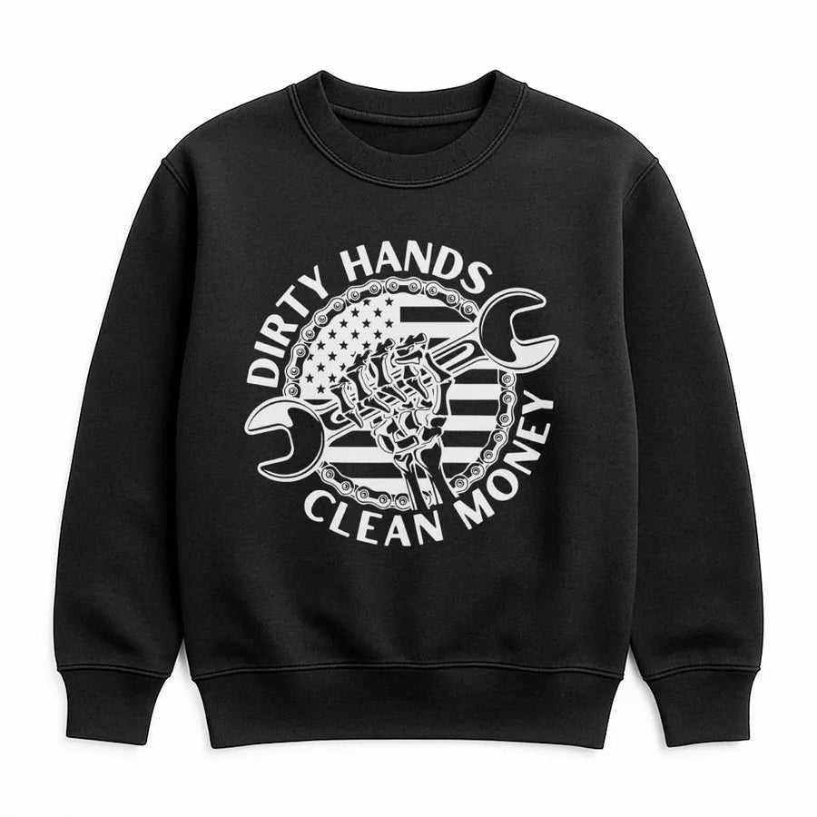 Dirty Hands Clean Money Sweatshirt | Patriotic Mechanic Flag Graphic | Premium Cotton Blend | Gift For Car Enthusiast and Skilled Tradesman