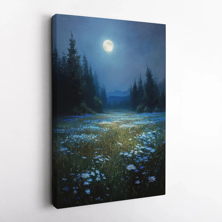Midnight Forest Canvas Wall Art | Full Moon Over Blue Flower Meadow | Premium Gallery Wrap Print | Serene Nature Decor for Living Room