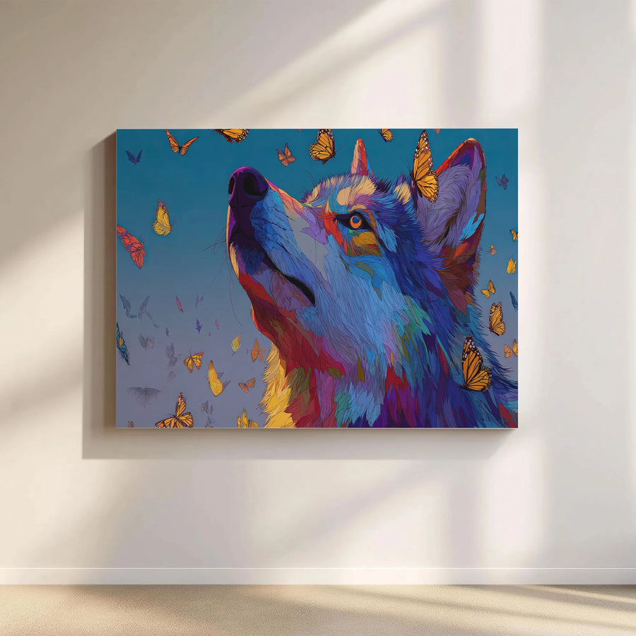 Colorful Wolf Canvas Art | Psychedelic Monarch Butterfly Design | 1.25 Inch Gallery Wrap Premium Print | Nature Home Decor Gift