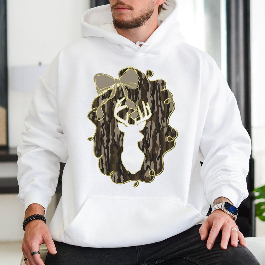 Deer Camo Bow Hoodie | Preppy Coquette Deer Hunting Design | Premium Cotton Blend | Gift for Her Fall Aesthetic