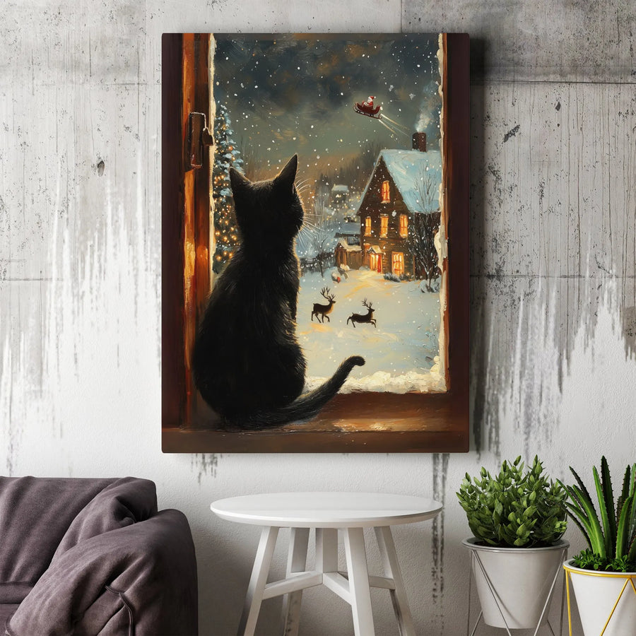 Black Cat Christmas Canvas Print | Watching Santa Sleigh Window View | Premium Gallery Wrap Decor | Holiday Wall Art Gift for Cat Lovers