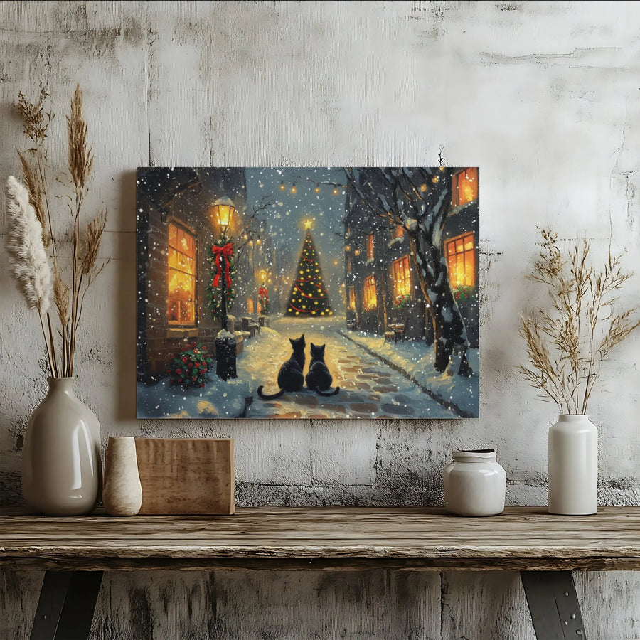 Black Cat Christmas Canvas Print | Snowy Village Holiday Street Art | Premium 1.25-Inch Gallery Wrap | Festive Winter Wall Decor Gift