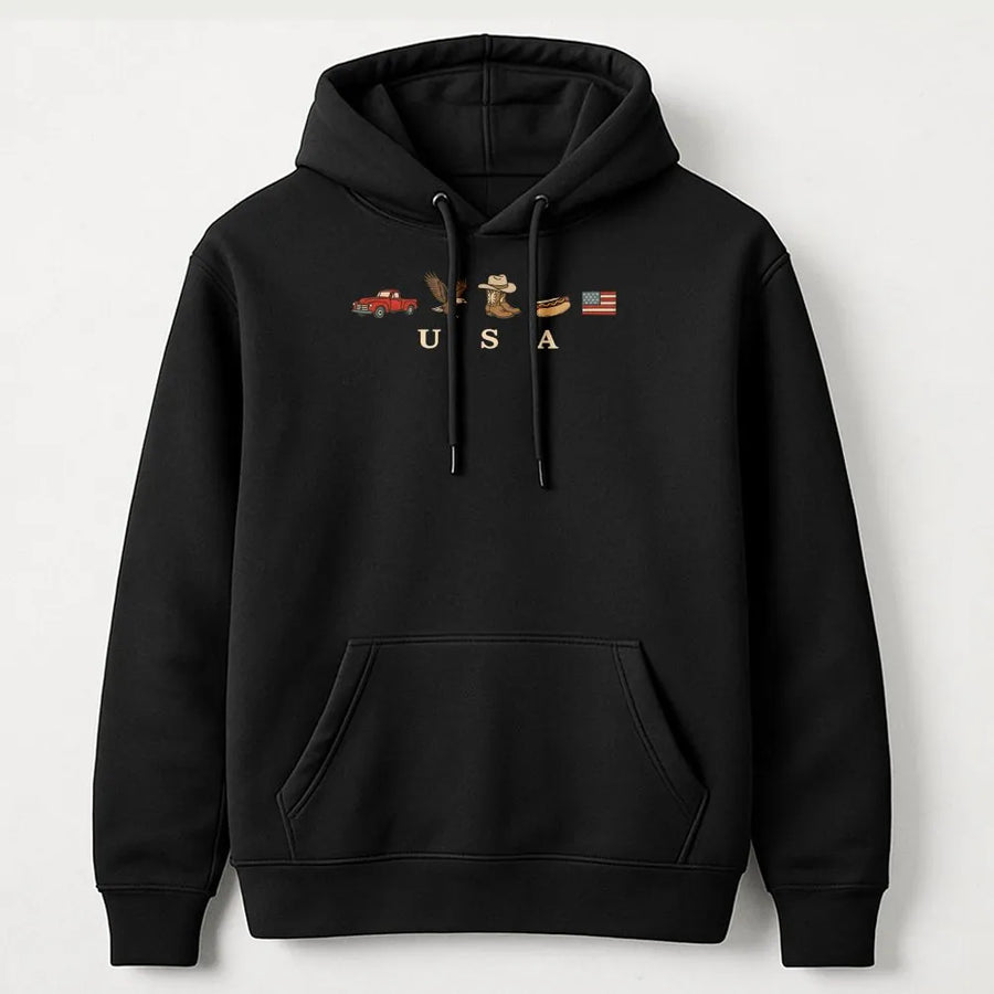 Patriotic Americana Hoodie | Vintage USA Icons Graphic with American Flag | Soft Cotton Blend | 4th of July Independence Day Gift for Men & Women