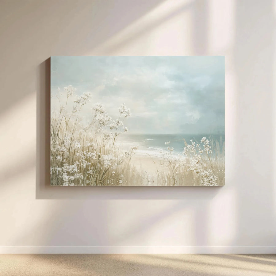 Coastal Beach Canvas Wall Art | White Wildflower Ocean Landscape | Premium Gallery Wrapped 1.25" Profile | Serene Home Decor Gift